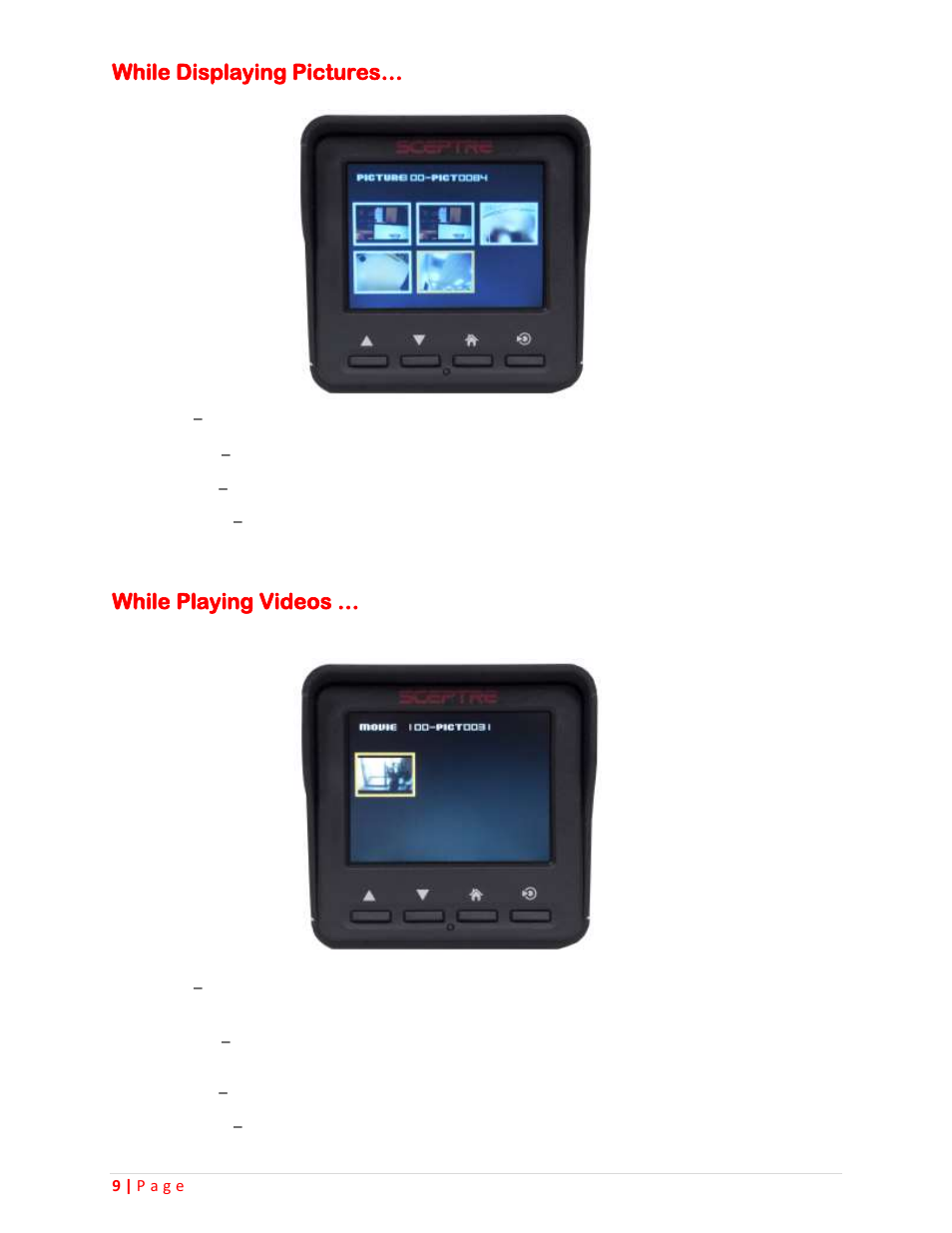 While displaying pictures, While playing videos | Sceptre CCR2000 User Manual | Page 9 / 20