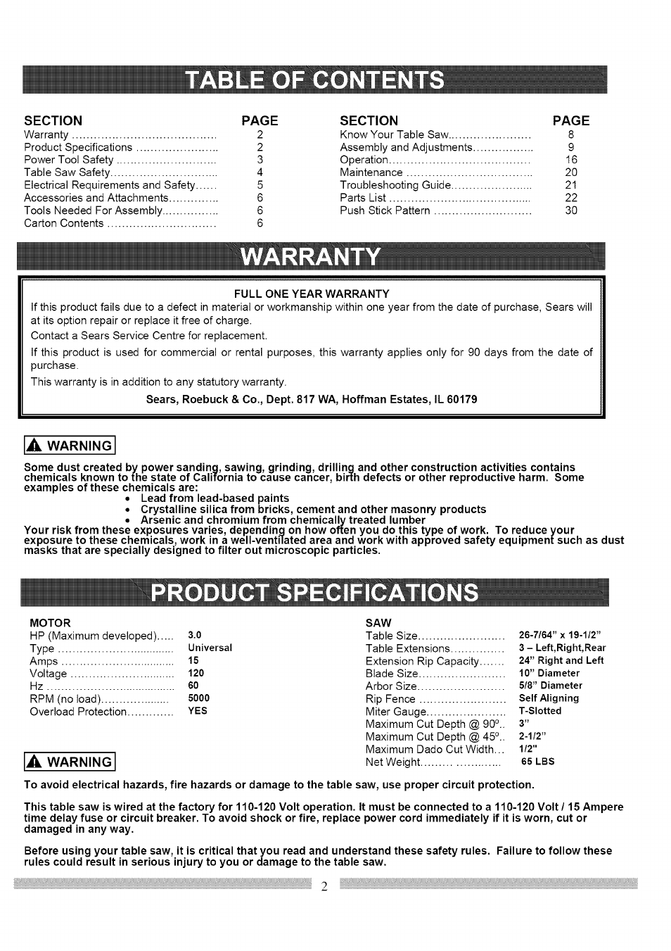 Table of content, Warrant, Product specification | Craftsman 137.248830 User Manual | Page 2 / 31