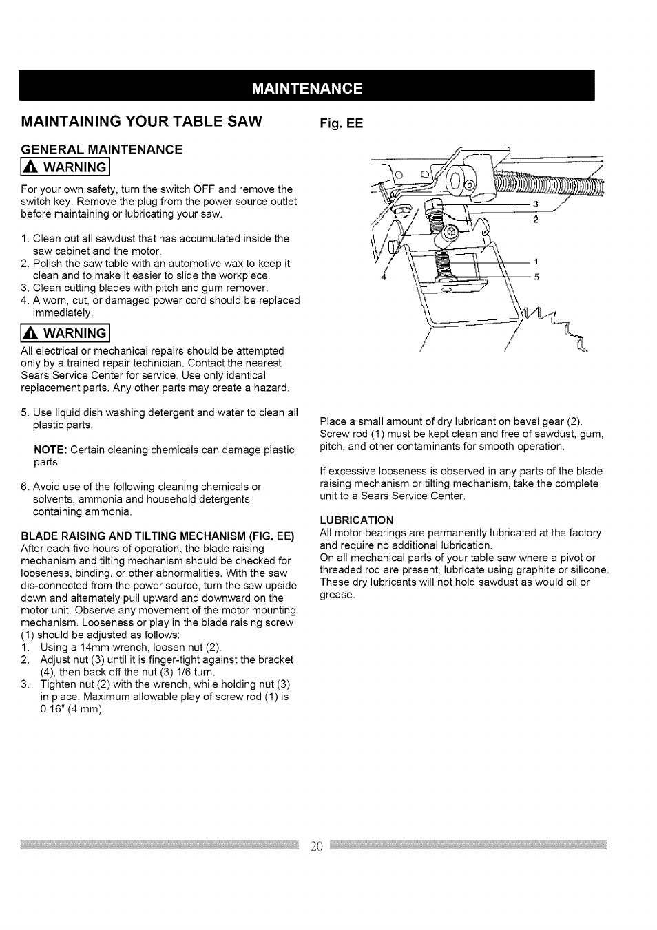 Maintenance maintaining your table saw | Craftsman 137.248830 User Manual | Page 20 / 31