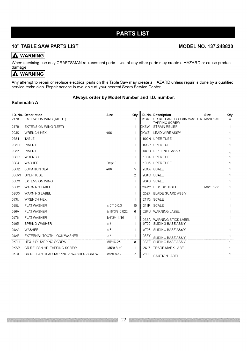 Parts list, Warning | Craftsman 137.248830 User Manual | Page 22 / 31