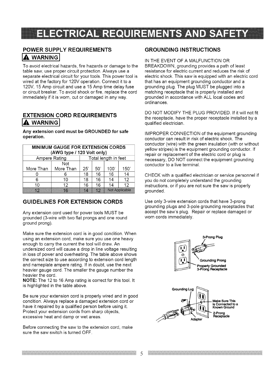 Electrical requirements and safet, Electrical requirements and safet 1 | Craftsman 137.248830 User Manual | Page 5 / 31