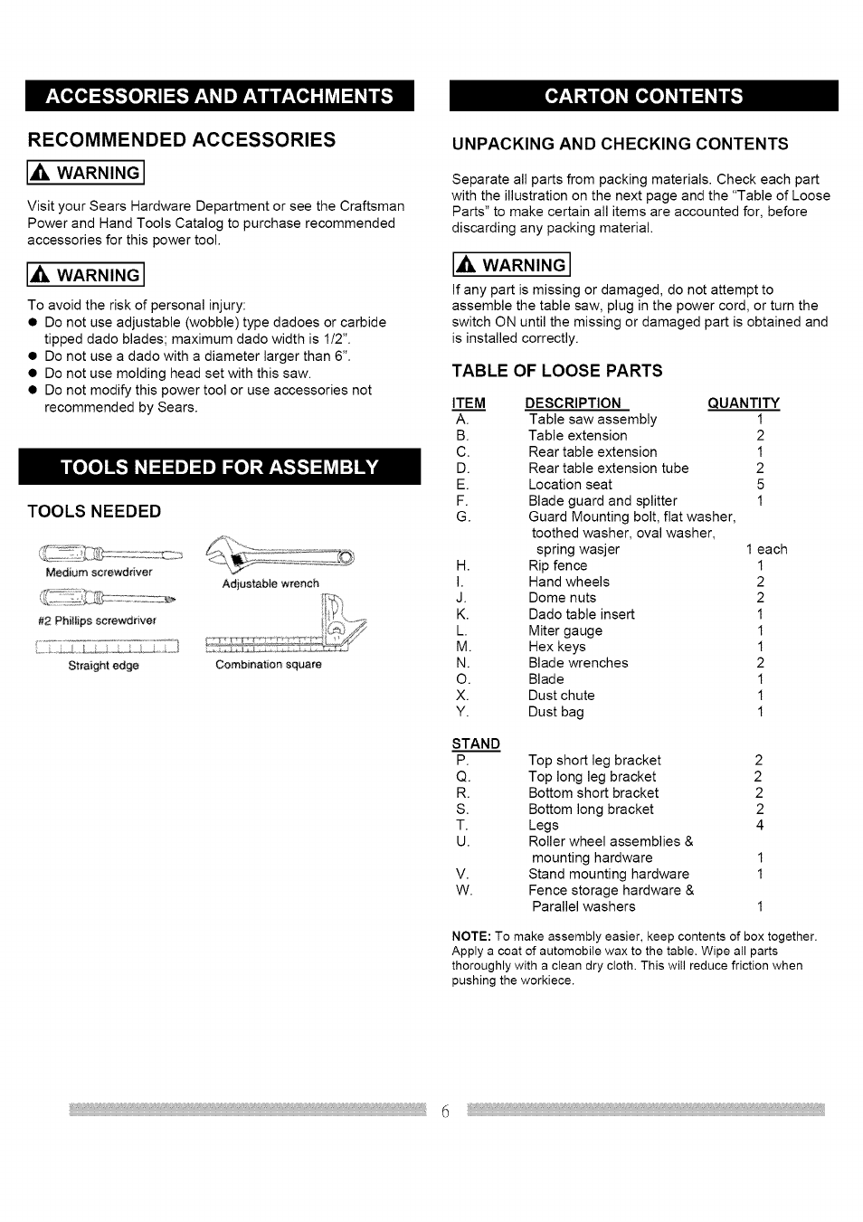Accessories and attachments, Carton contents, Recommended accessories | Tools needed for assembly | Craftsman 137.248830 User Manual | Page 6 / 31