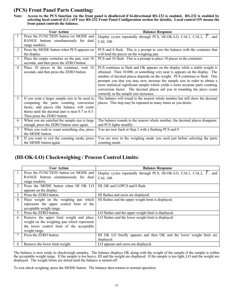 Pcs) front panel parts counting, Hi-ok-lo) checkweighing / process control limits | Scientech 10K Series User Manual | Page 10 / 28