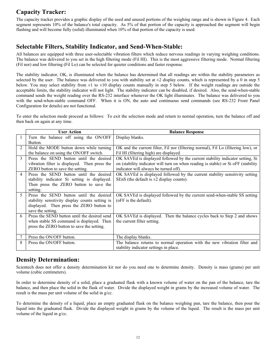 Capacity tracker, Density determination | Scientech 10K Series User Manual | Page 12 / 28
