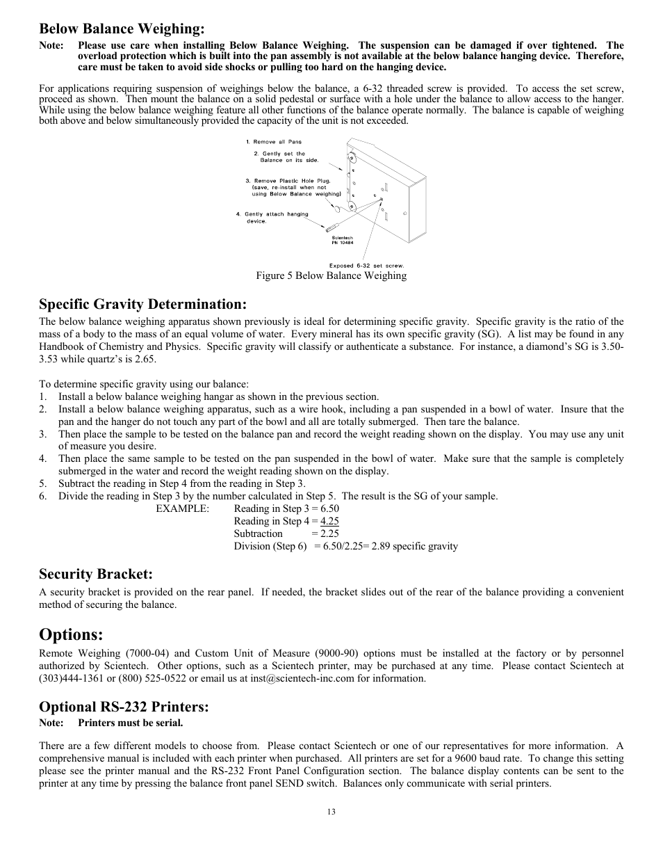 Below balance weighing, Specific gravity determination, Security bracket | Options, Optional rs-232 printers | Scientech 10K Series User Manual | Page 13 / 28