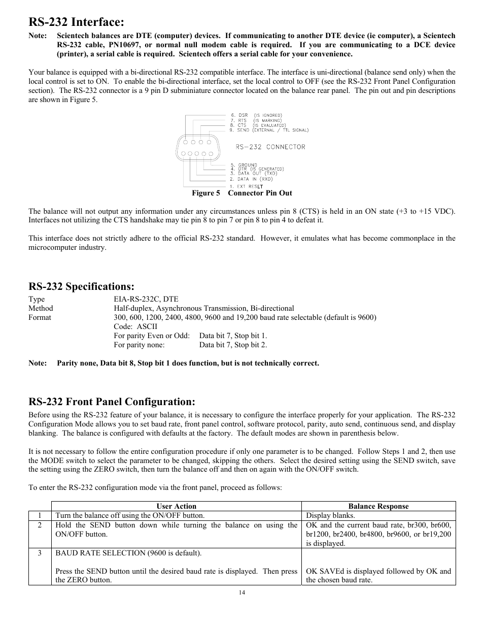 Rs-232 interface, Rs-232 specifications, Rs-232 front panel configuration | Scientech 10K Series User Manual | Page 14 / 28