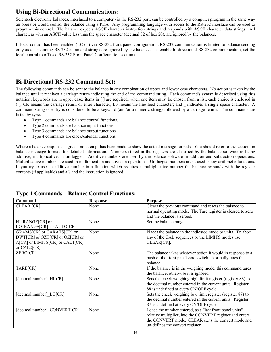 Using bi-directional communications, Bi-directional rs-232 command set, Type 1 commands – balance control functions | Scientech 10K Series User Manual | Page 16 / 28
