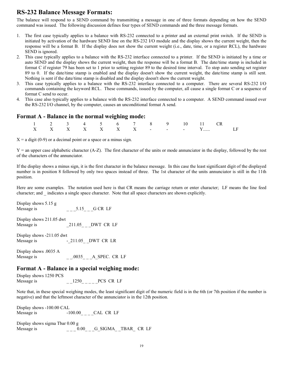 Rs-232 balance message formats, Format a - balance in the normal weighing mode, Format a - balance in a special weighing mode | Scientech 10K Series User Manual | Page 19 / 28