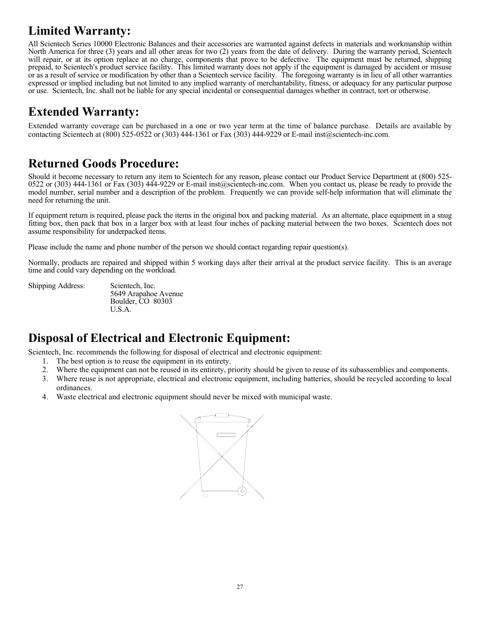 Limited warranty, Extended warranty, Returned goods procedure | Disposal of electrical and electronic equipment | Scientech 10K Series User Manual | Page 27 / 28