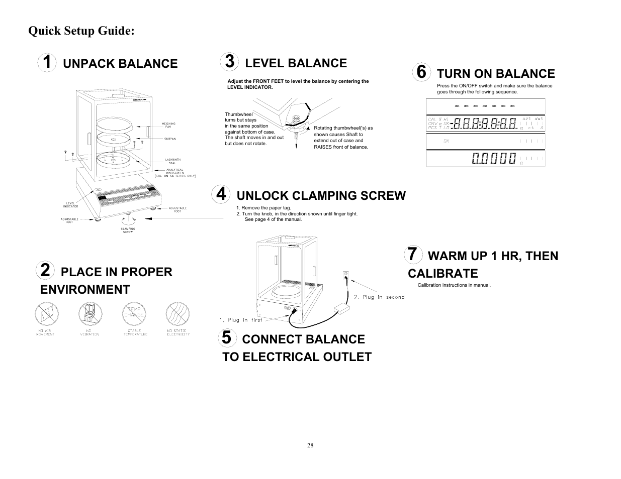 Quick setup guide, Connect balance to electrical outlet, Level balance | Unlock clamping screw, Place in proper environment, Unpack balance, Warm up 1 hr, then calibrate, Turn on balance | Scientech 10K Series User Manual | Page 28 / 28