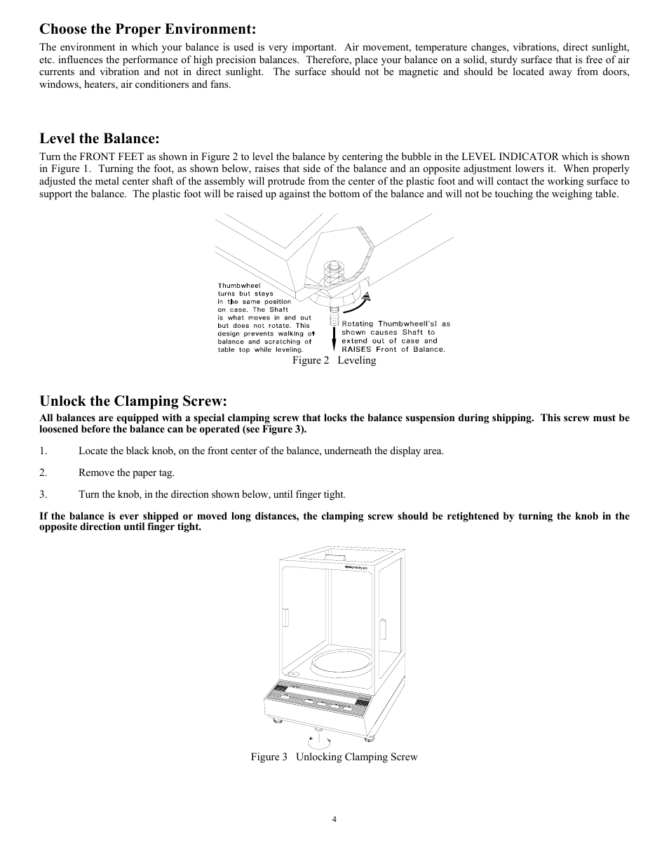 Choose the proper environment, Level the balance, Unlock the clamping screw | Scientech 10K Series User Manual | Page 4 / 28