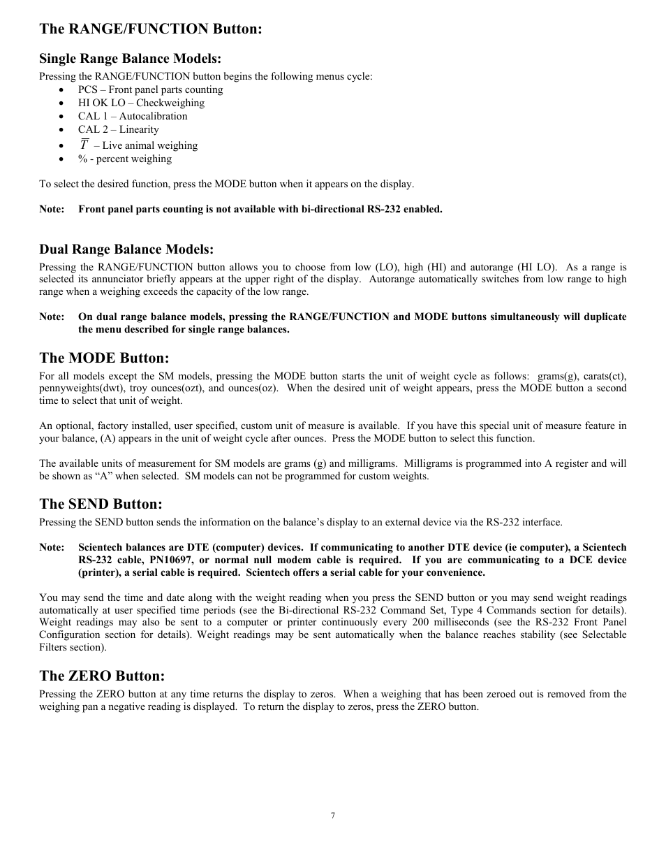 The range/function button, Single range balance models, Dual range balance models | The mode button, The send button, The zero button | Scientech 10K Series User Manual | Page 7 / 28