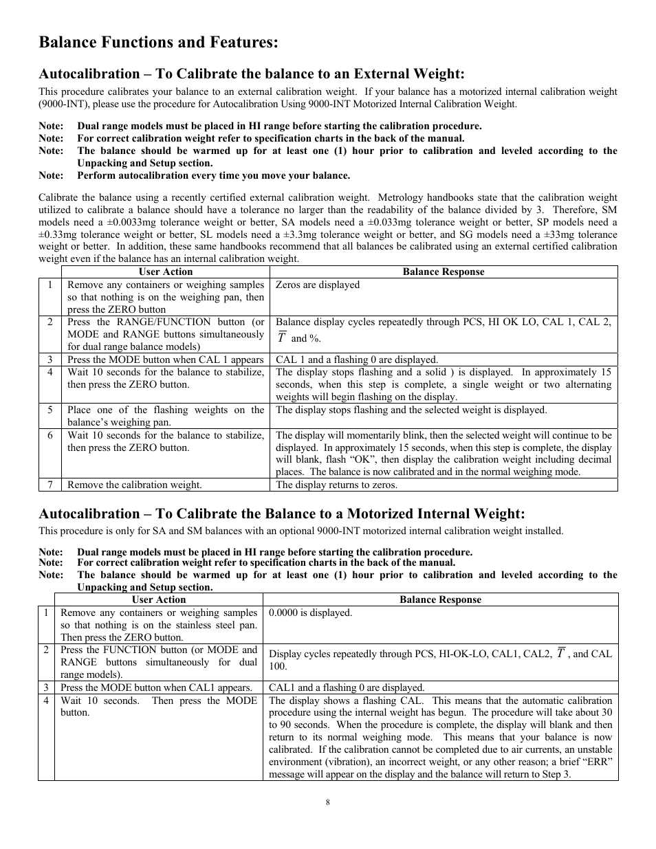 Balance functions and features, Autocalibration – to calibrate the balance to an, Autocalibration – to calibrate the balance to a m | Scientech 10K Series User Manual | Page 8 / 28