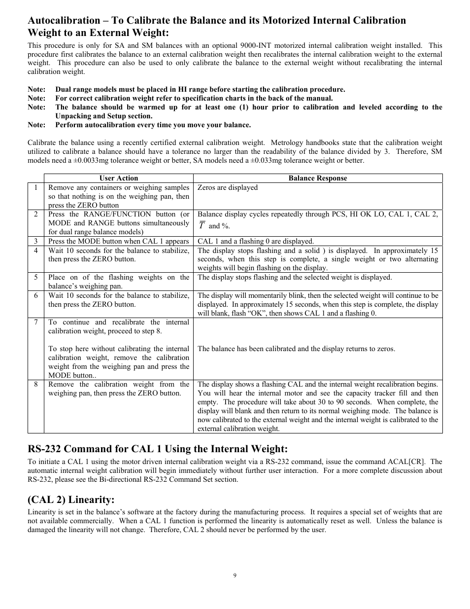 Autocalibration – to calibrate the balance and it, Rs-232 command for cal 1 using the internal weight, Cal 2) linearity | Scientech 10K Series User Manual | Page 9 / 28
