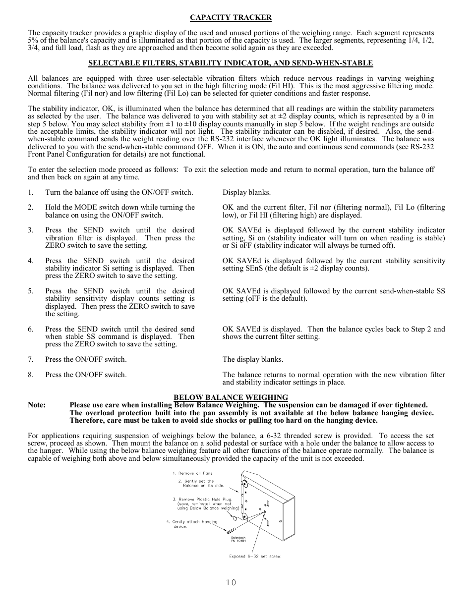Capacity tracker, Below balance weighing | Scientech S9000 User Manual | Page 10 / 25