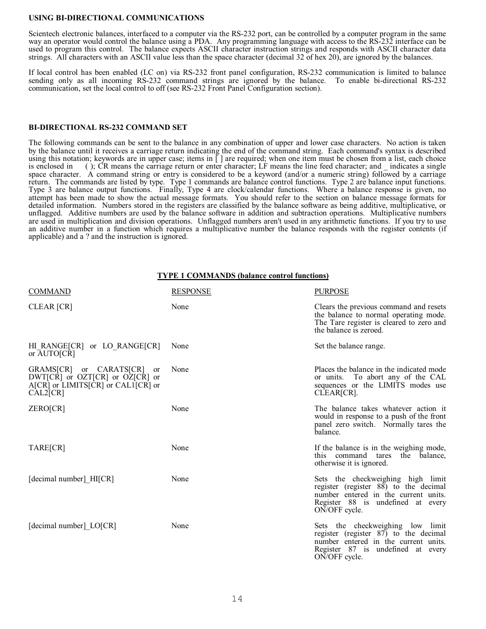 Using bi-directional communications, Bi-directional rs-232 command set | Scientech S9000 User Manual | Page 14 / 25