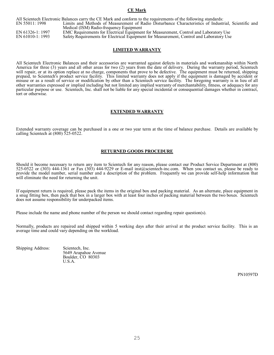 Ce mark, Limited warranty, Extended warranty | Returned goods procedure | Scientech S9000 User Manual | Page 25 / 25