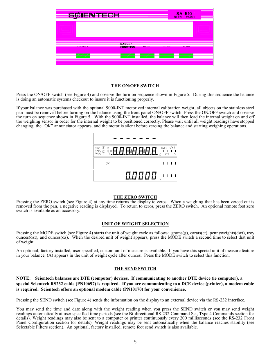 The on/off switch, The zero switch, Unit of weight selection | The send switch | Scientech S9000 User Manual | Page 5 / 25