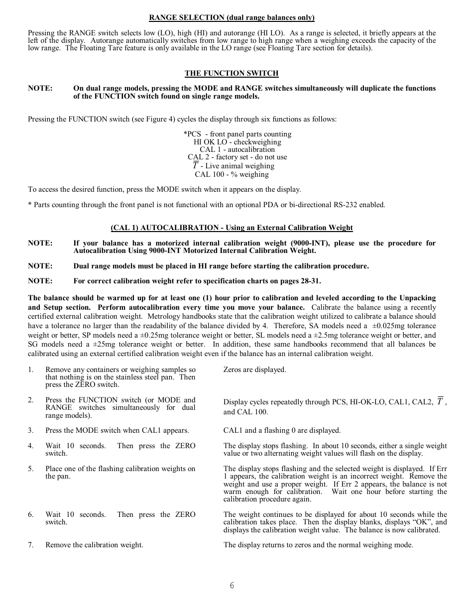 Range selection (dual range balances only), The function switch | Scientech S9000 User Manual | Page 6 / 25