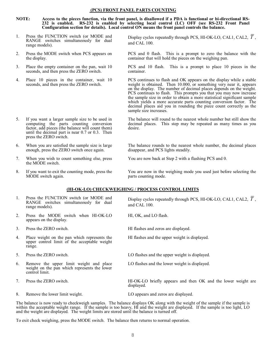 Pcs) front panel parts counting, Hi-ok-lo) checkweighing / process control limits | Scientech S9000 User Manual | Page 8 / 25