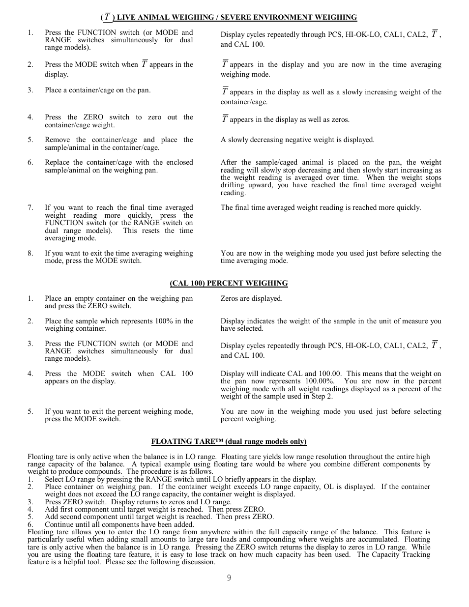 Live animal weighing / severe environment weighing, Cal 100) percent weighing, Floating tare™ \(dual range models only\) | Floating tare™ (dual range models only) | Scientech S9000 User Manual | Page 9 / 25