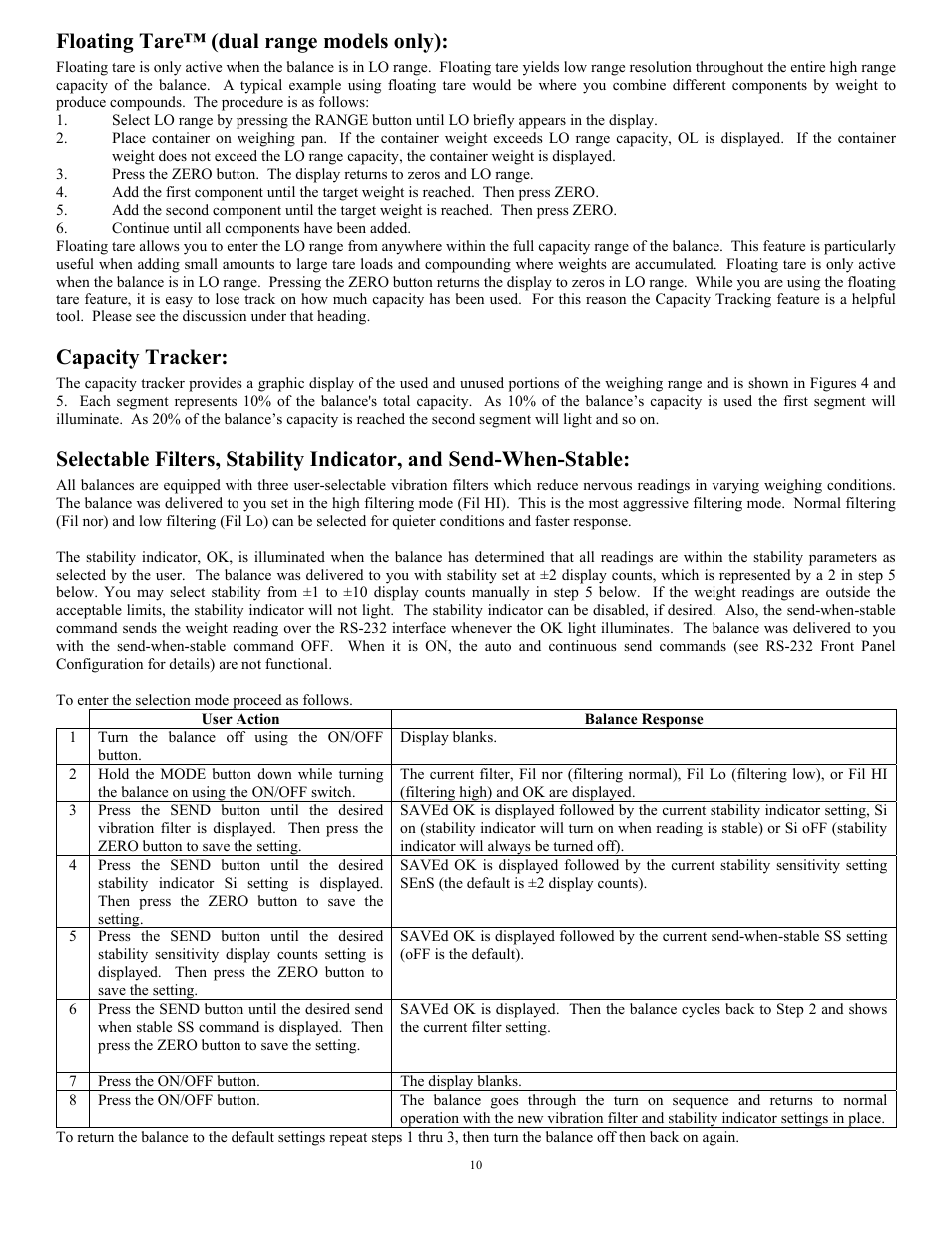 Floating tare™ (dual range models only), Capacity tracker | Scientech Zeta Series User Manual | Page 10 / 24