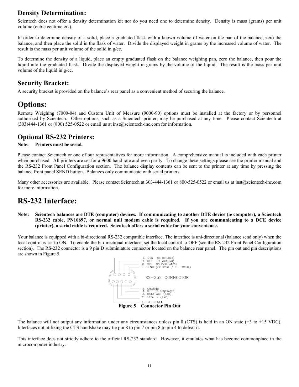 Options, Rs-232 interface, Density determination | Security bracket, Optional rs-232 printers | Scientech Zeta Series User Manual | Page 11 / 24