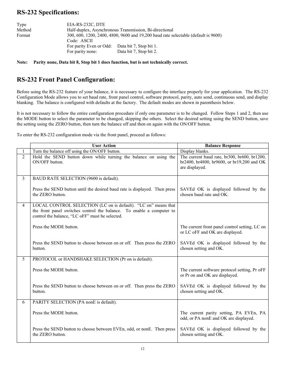 Rs-232 specifications, Rs-232 front panel configuration | Scientech Zeta Series User Manual | Page 12 / 24
