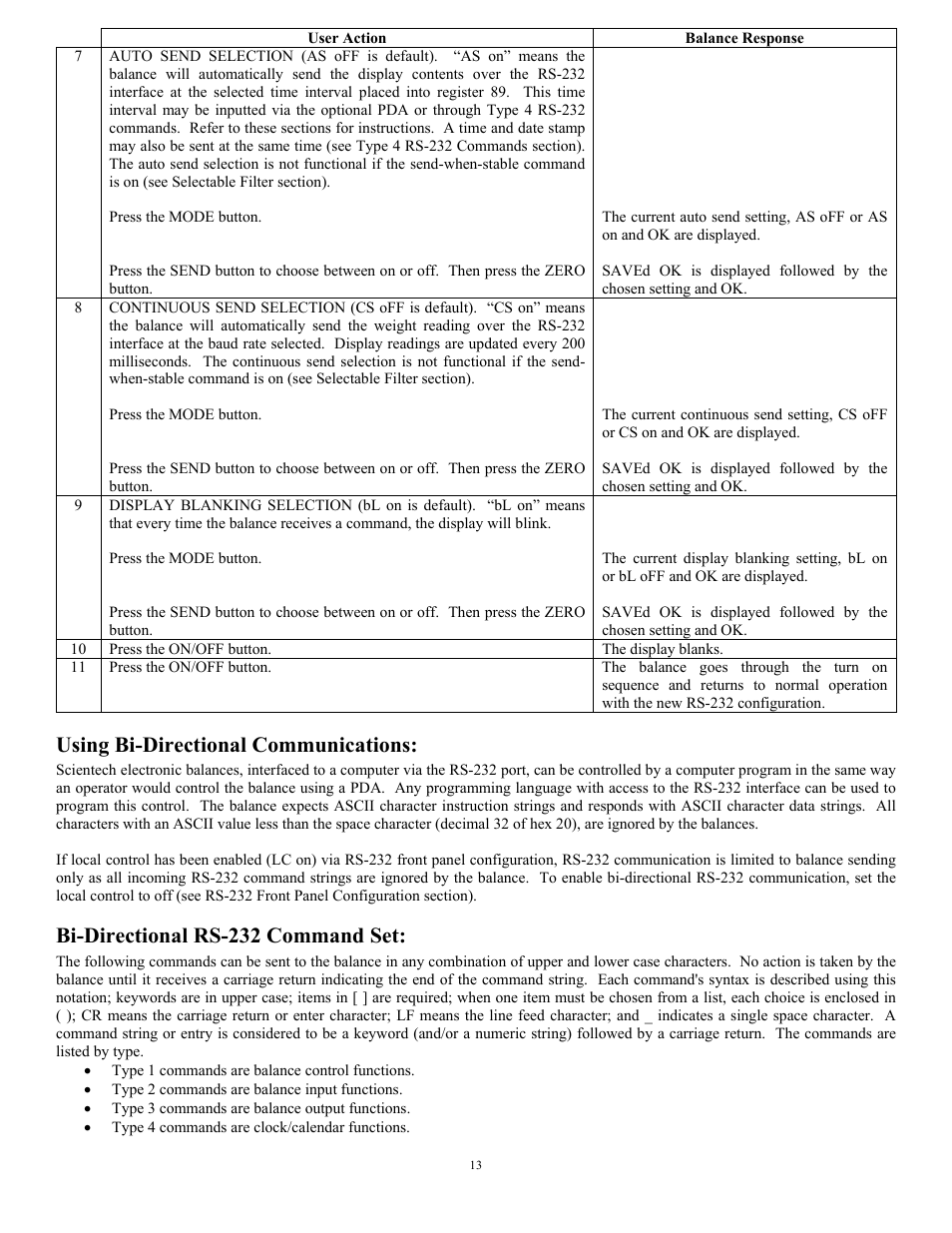 Using bi-directional communications, Bi-directional rs-232 command set | Scientech Zeta Series User Manual | Page 13 / 24