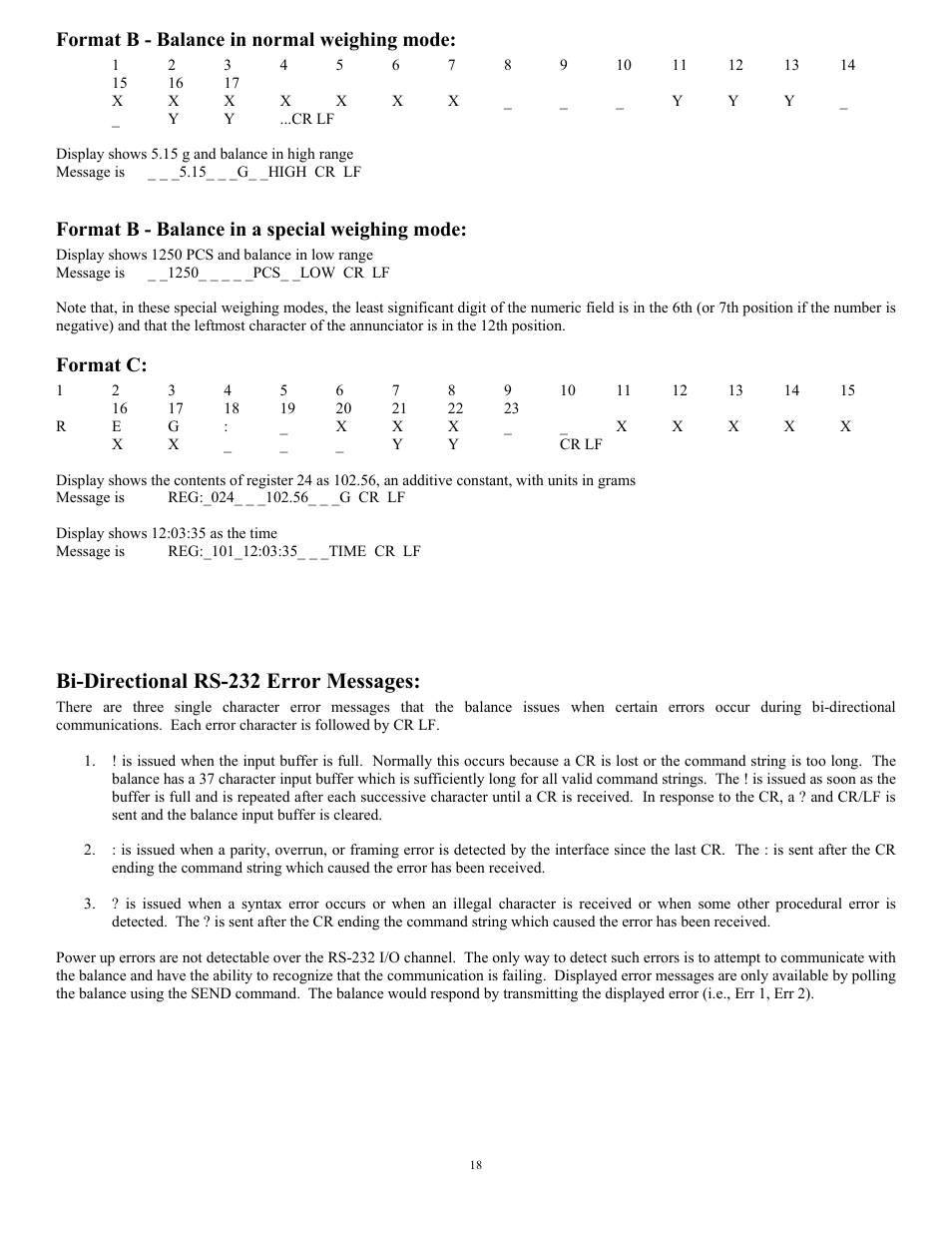 Bi-directional rs-232 error messages, Format b - balance in normal weighing mode, Format b - balance in a special weighing mode | Format c | Scientech Zeta Series User Manual | Page 18 / 24