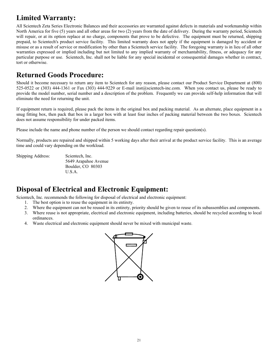 Limited warranty, Returned goods procedure, Disposal of electrical and electronic equipment | Scientech Zeta Series User Manual | Page 21 / 24
