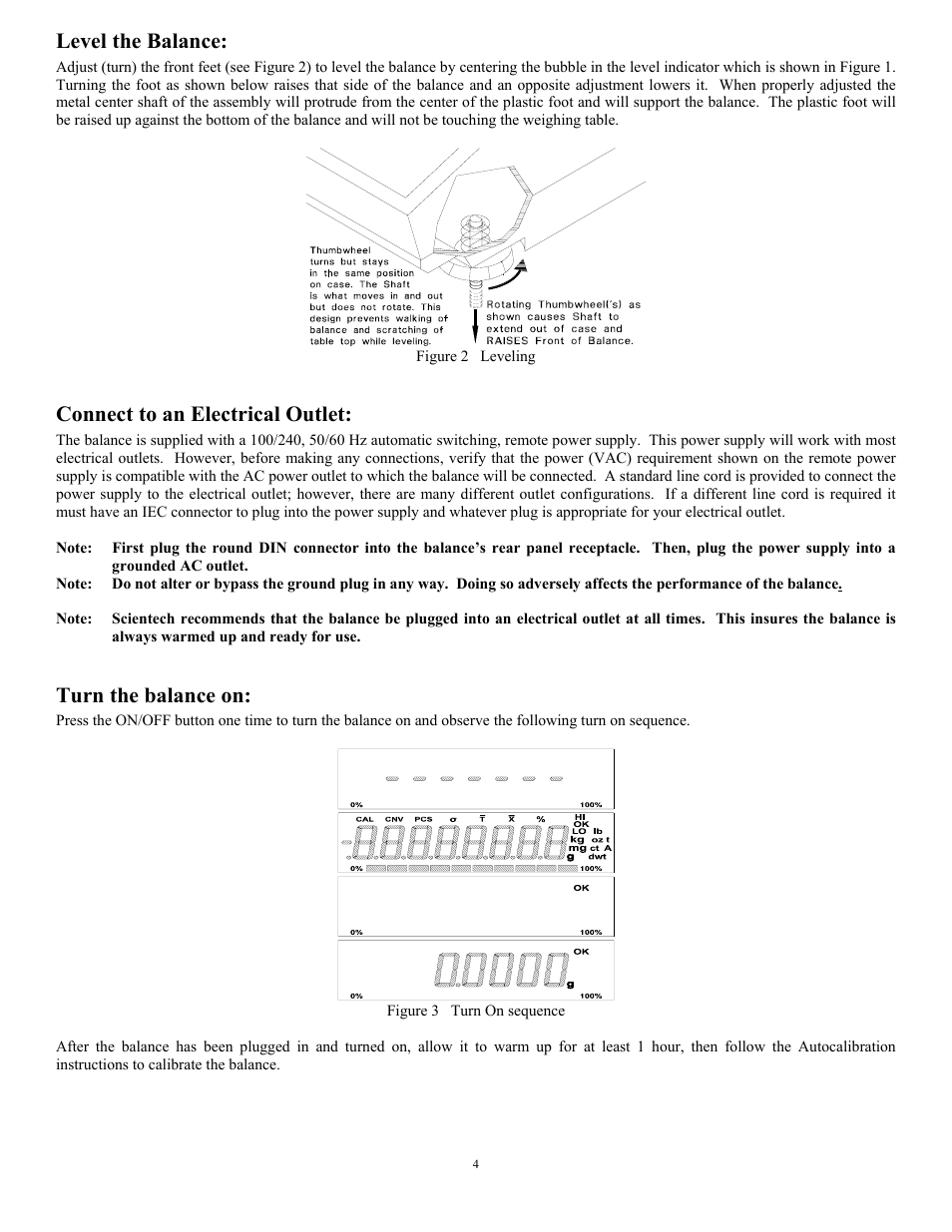 Level the balance, Connect to an electrical outlet, Turn the balance on | Scientech Zeta Series User Manual | Page 4 / 24