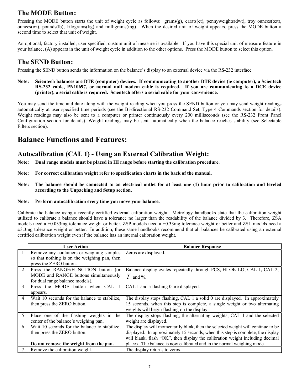 Balance functions and features, The mode button, The send button | Scientech Zeta Series User Manual | Page 7 / 24