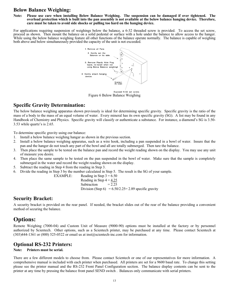 Options, Below balance weighing, Specific gravity determination | Security bracket, Optional rs-232 printers | Scientech 12000 Series User Manual | Page 13 / 28