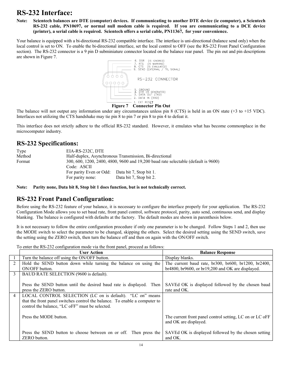Rs-232 interface, Rs-232 specifications, Rs-232 front panel configuration | Scientech 12000 Series User Manual | Page 14 / 28