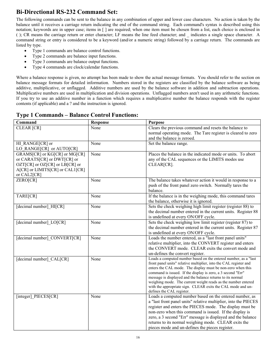 Bi-directional rs-232 command set, Type 1 commands – balance control functions | Scientech 12000 Series User Manual | Page 16 / 28