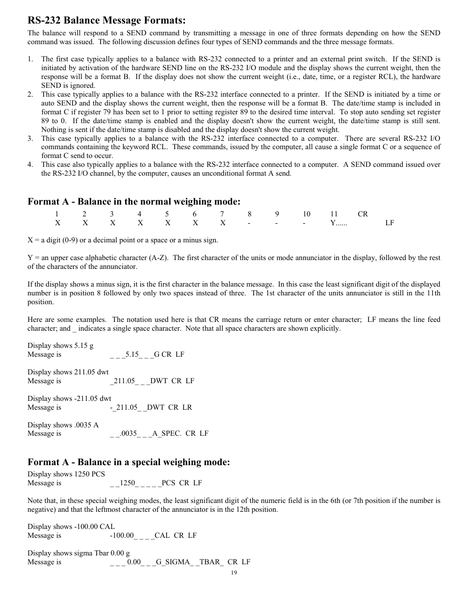 Rs-232 balance message formats, Format a - balance in the normal weighing mode, Format a - balance in a special weighing mode | Scientech 12000 Series User Manual | Page 19 / 28