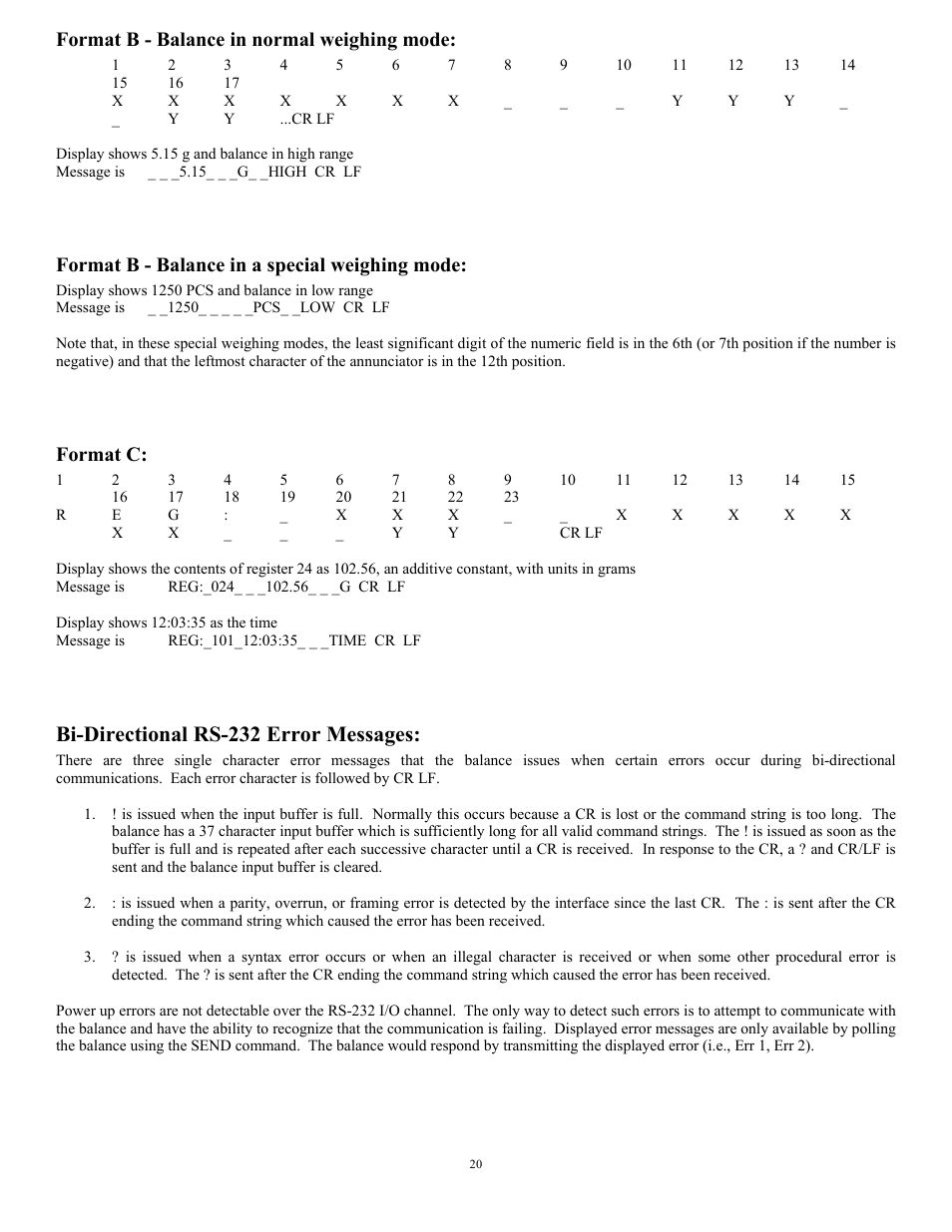 Bi-directional rs-232 error messages, Format b - balance in normal weighing mode, Format b - balance in a special weighing mode | Format c | Scientech 12000 Series User Manual | Page 20 / 28