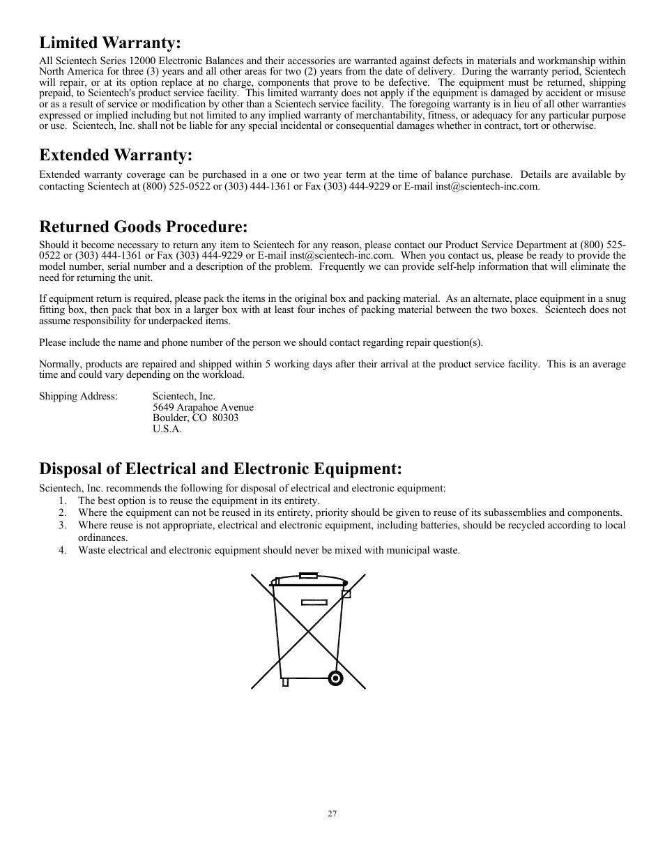 Limited warranty, Extended warranty, Returned goods procedure | Disposal of electrical and electronic equipment | Scientech 12000 Series User Manual | Page 27 / 28