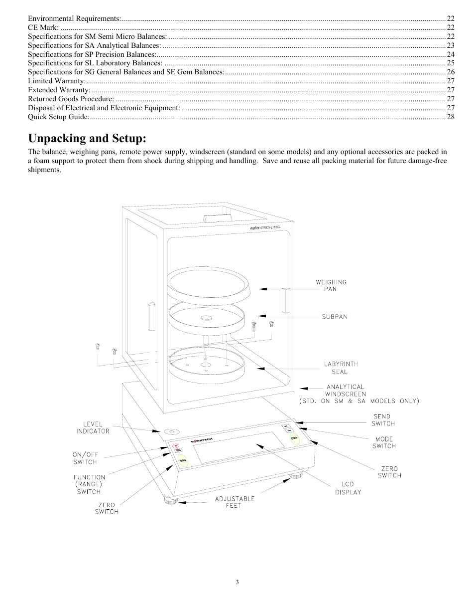 Unpacking and setup | Scientech 12000 Series User Manual | Page 3 / 28