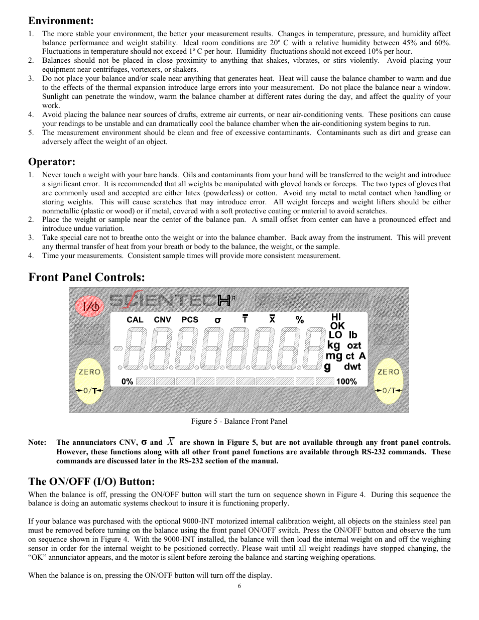 Front panel controls, Environment, Operator | The on/off (i/o) button | Scientech 12000 Series User Manual | Page 6 / 28