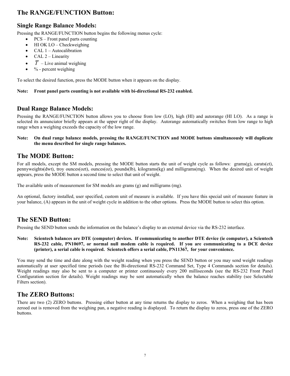 The range/function button, The mode button, The send button | The zero buttons, Single range balance models, Dual range balance models | Scientech 12000 Series User Manual | Page 7 / 28