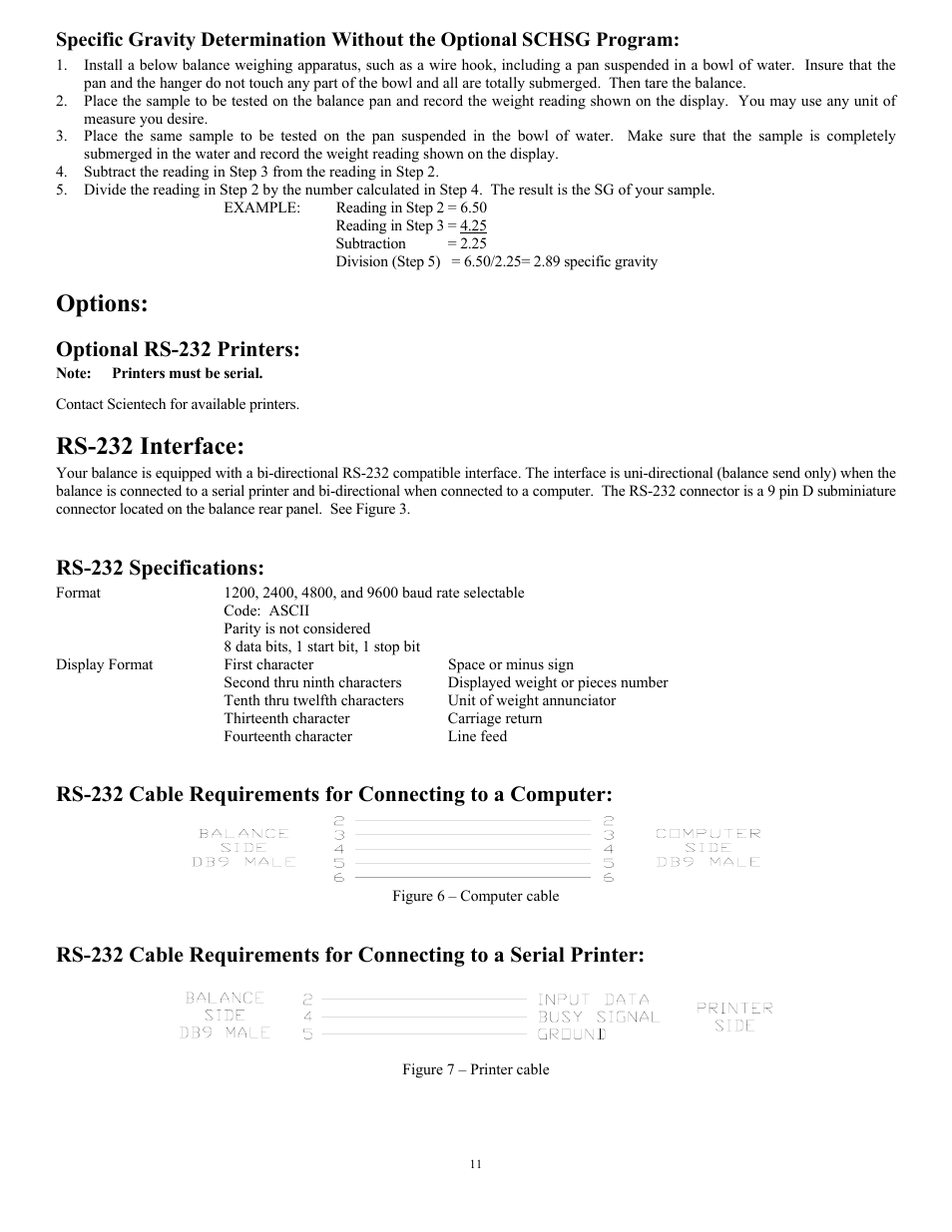 Options, Optional rs-232 printers, Rs-232 interface | Rs-232 specifications | Scientech HC Series User Manual | Page 11 / 16