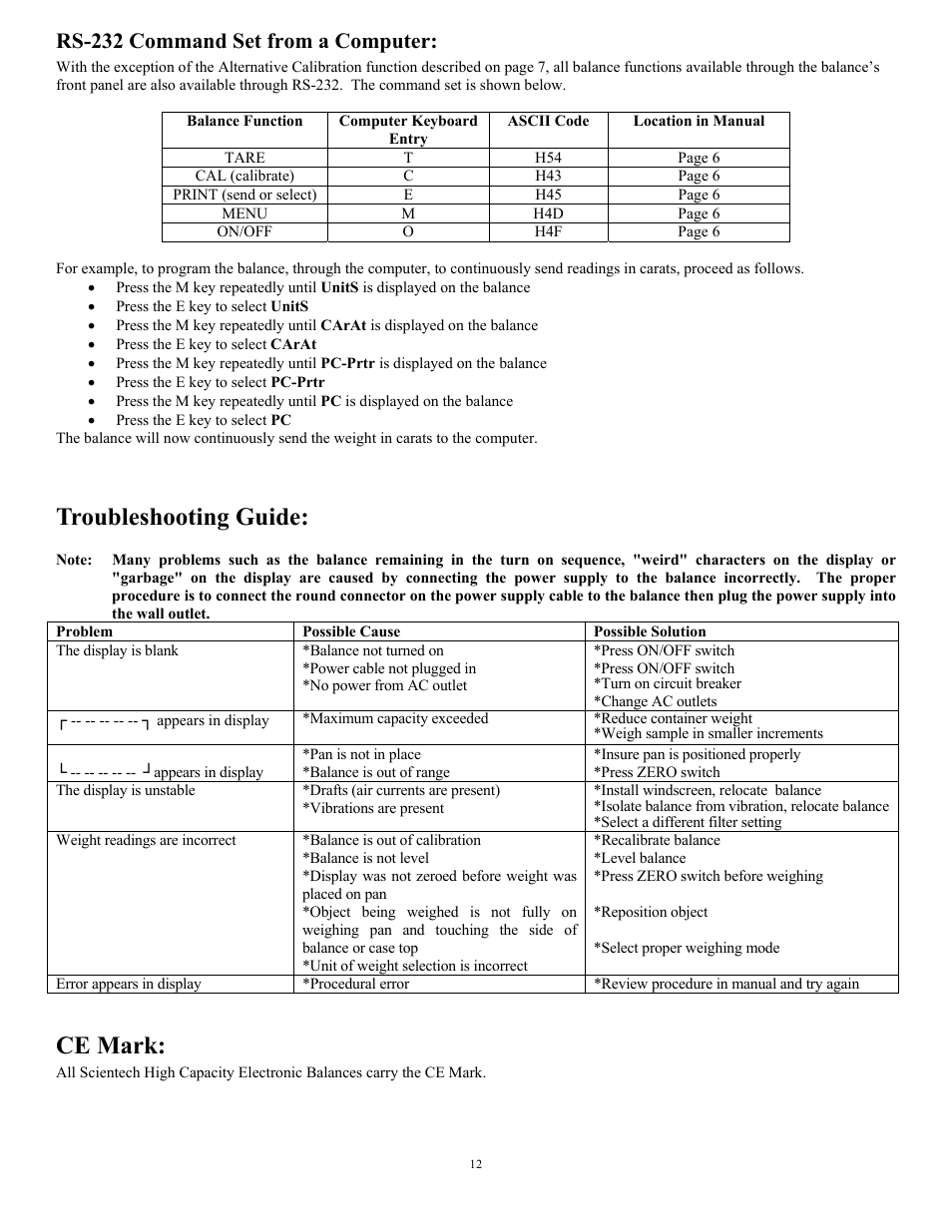 Rs-232 command set from a computer, Troubleshooting guide, Ce mark | Scientech HC Series User Manual | Page 12 / 16