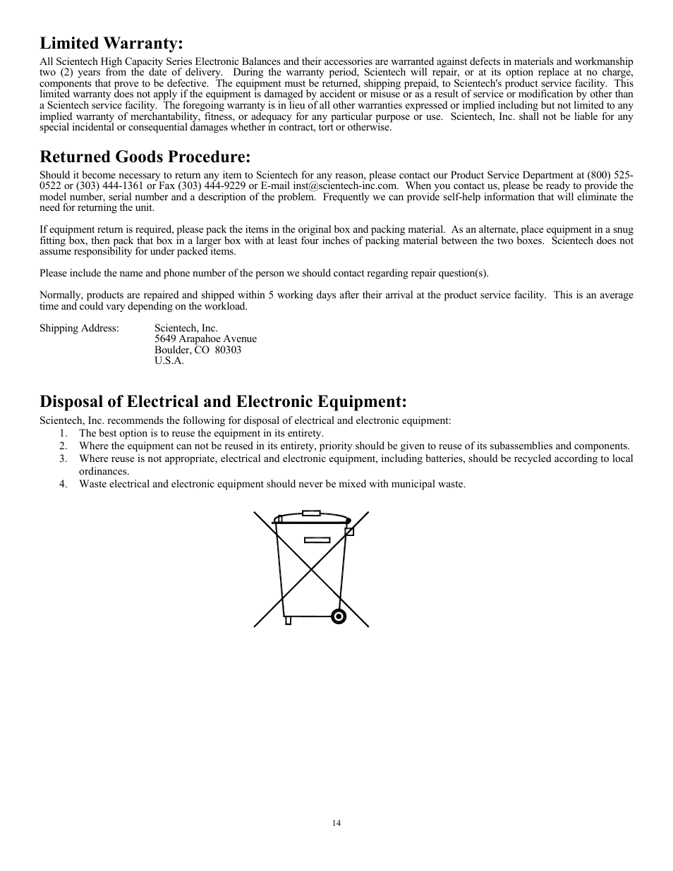 Limited warranty, Returned goods procedure, Disposal of electrical and electronic equipment | Scientech HC Series User Manual | Page 14 / 16