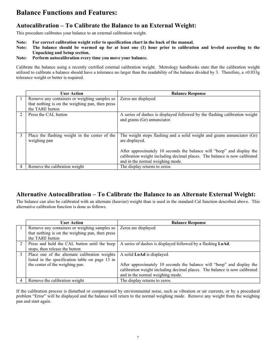 Balance functions and features, Autocalibration – to calibrate the balance to an, Alternative autocalibration – to calibrate the ba | Scientech HC Series User Manual | Page 7 / 16