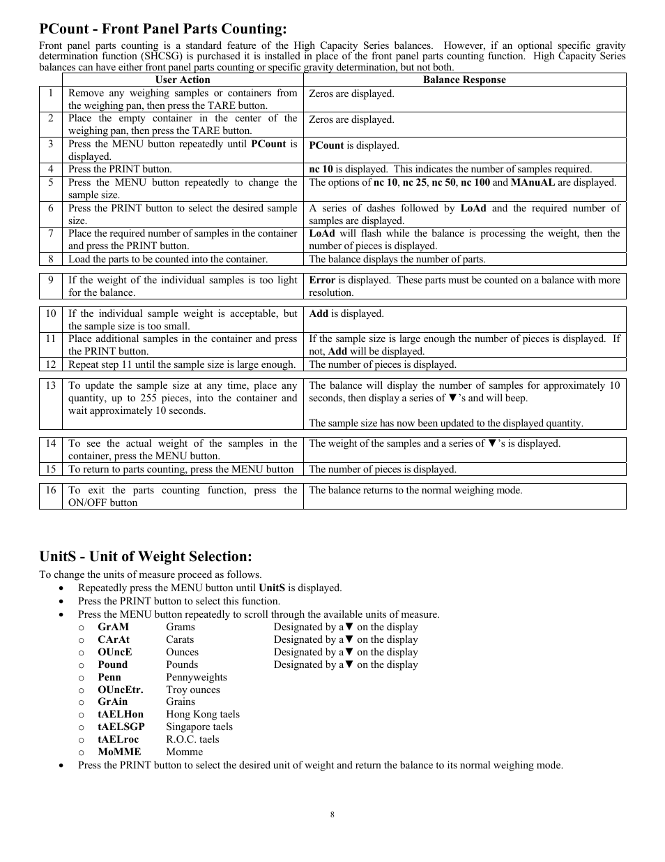 Pcount - front panel parts counting, Units - unit of weight selection | Scientech HC Series User Manual | Page 8 / 16