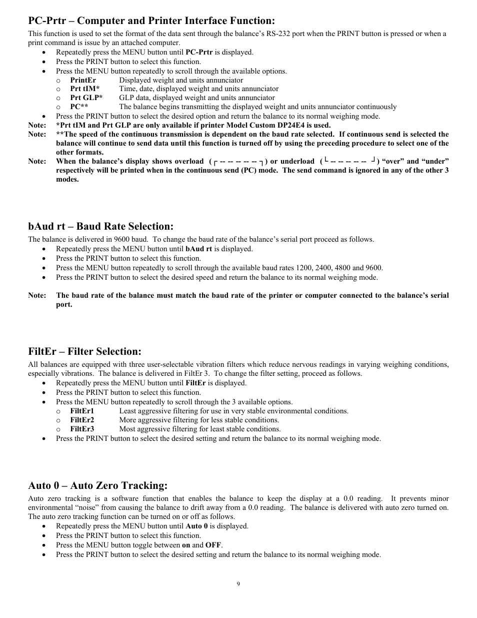 Pc-prtr – computer and printer interface function, Baud rt – baud rate selection, Filter – filter selection | Auto 0 – auto zero tracking | Scientech HC Series User Manual | Page 9 / 16