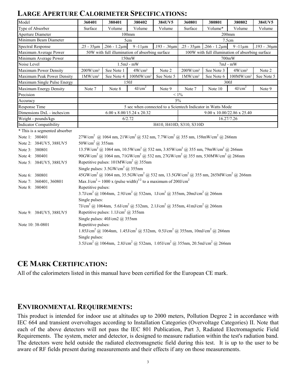 Arge, Perture, Alorimeter | Pecifications, Ertification, Nvironmental, Equirements | Scientech Large Aperture Calorimeter User Manual | Page 3 / 8