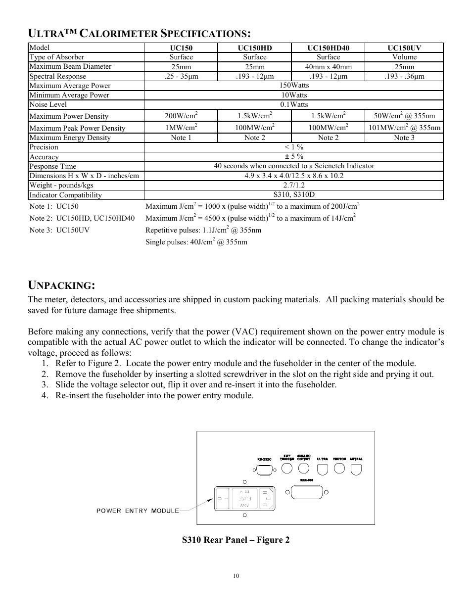 Ltra, Alorimeter, Pecifications | Npacking | Scientech S310 Vector User Manual | Page 10 / 58